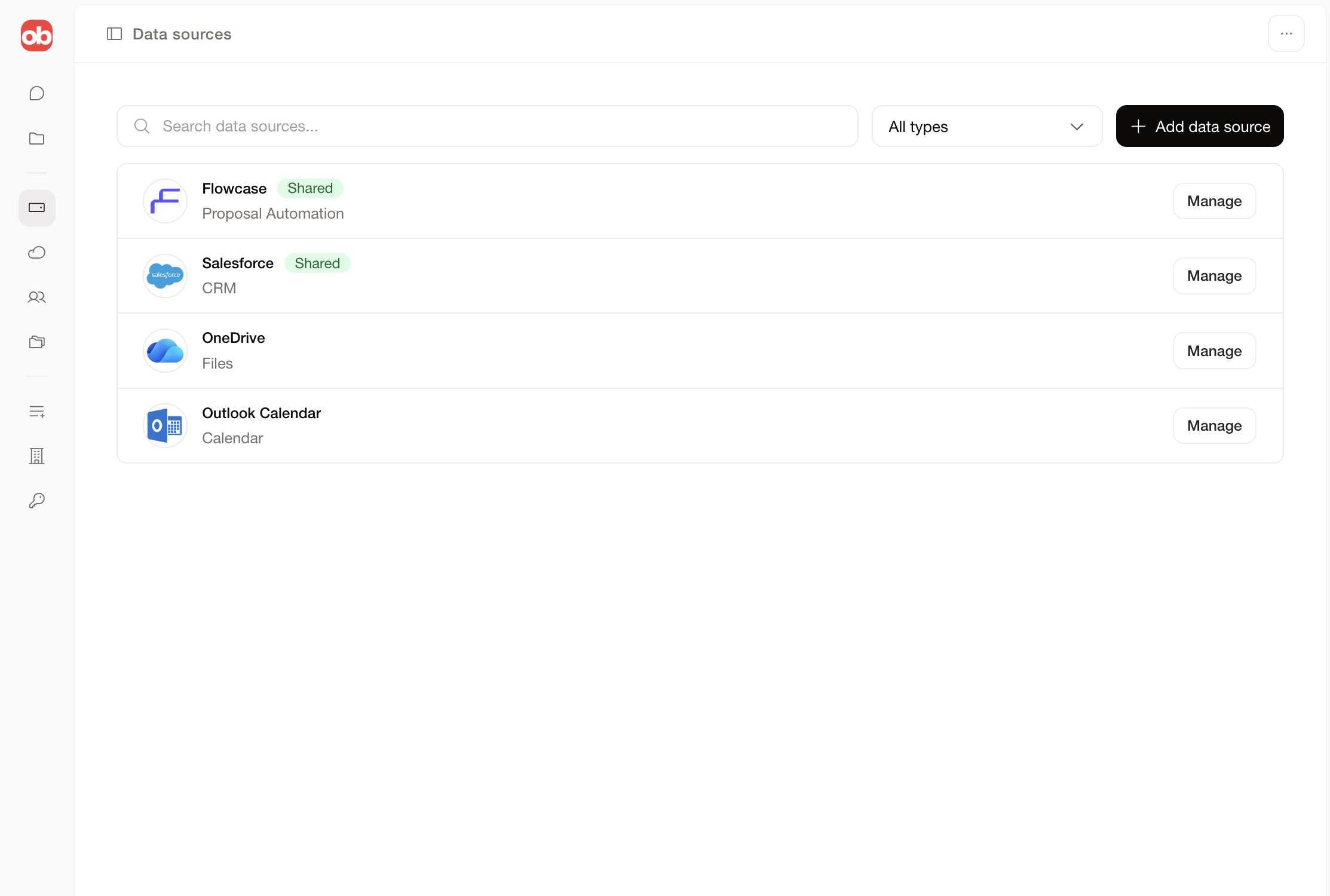 Overbase add data source modal showing supported data source categories.