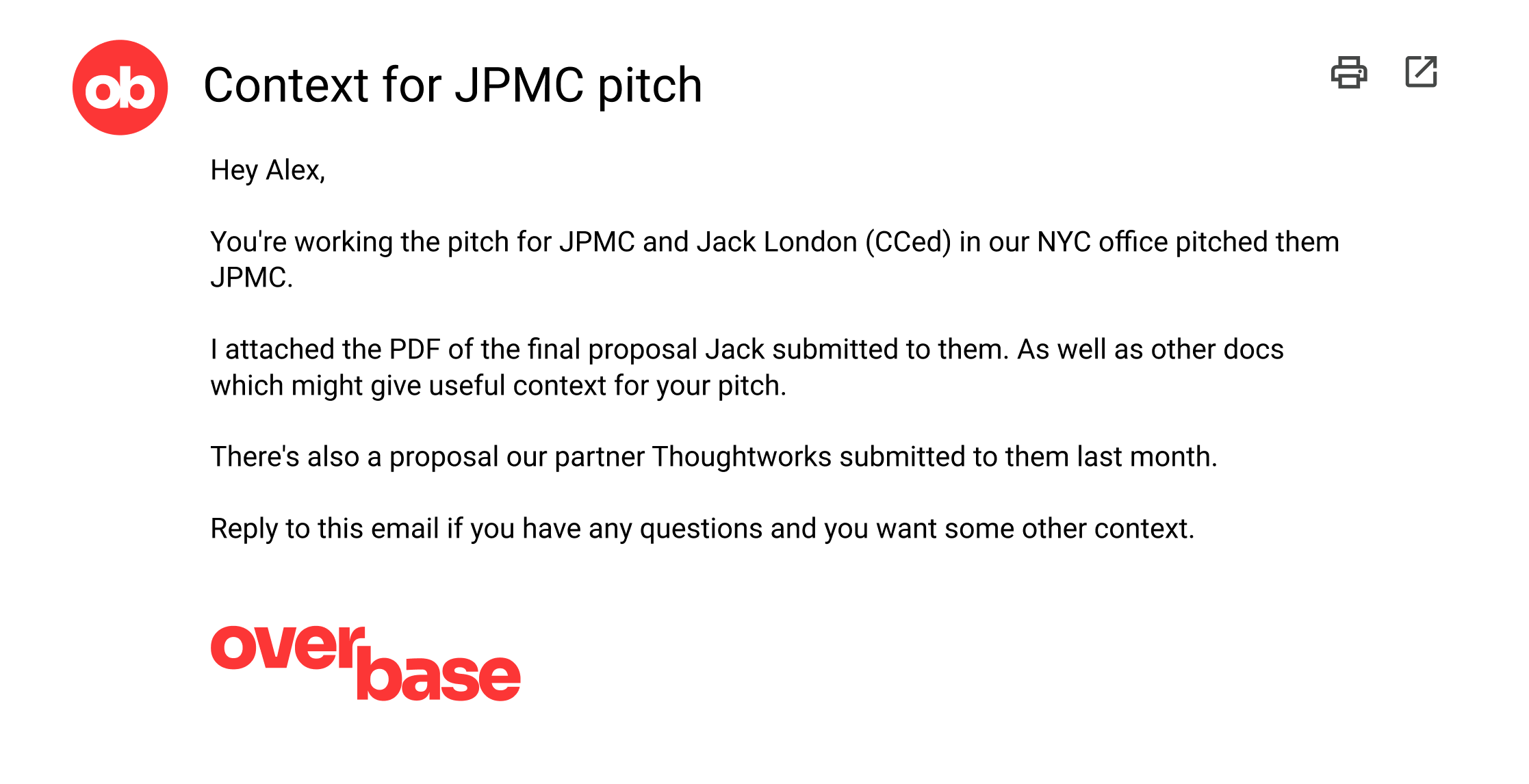Gmail opportunity email showing an attached insurance renewal report from Overbase.