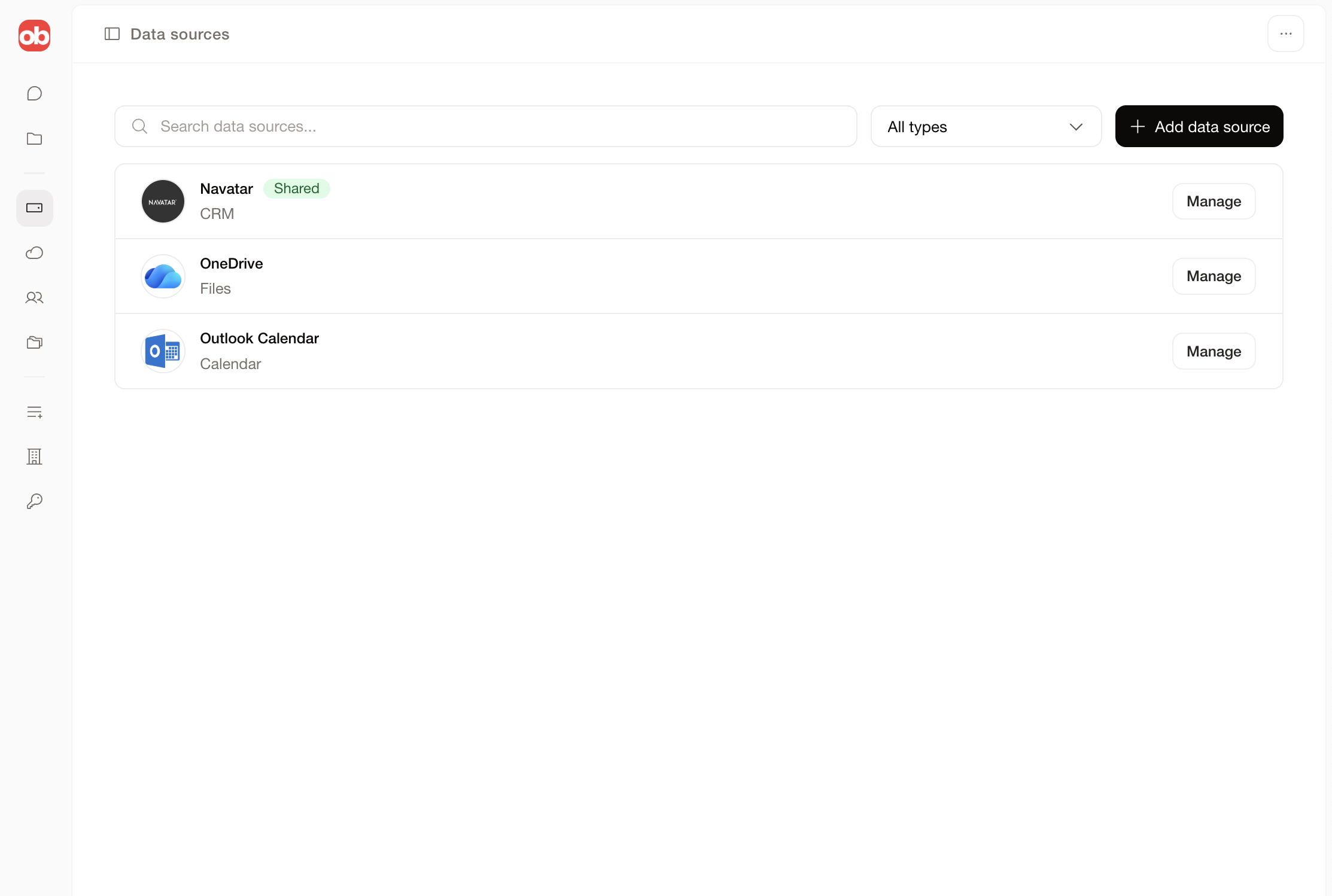Overbase add data source modal showing supported data source categories.