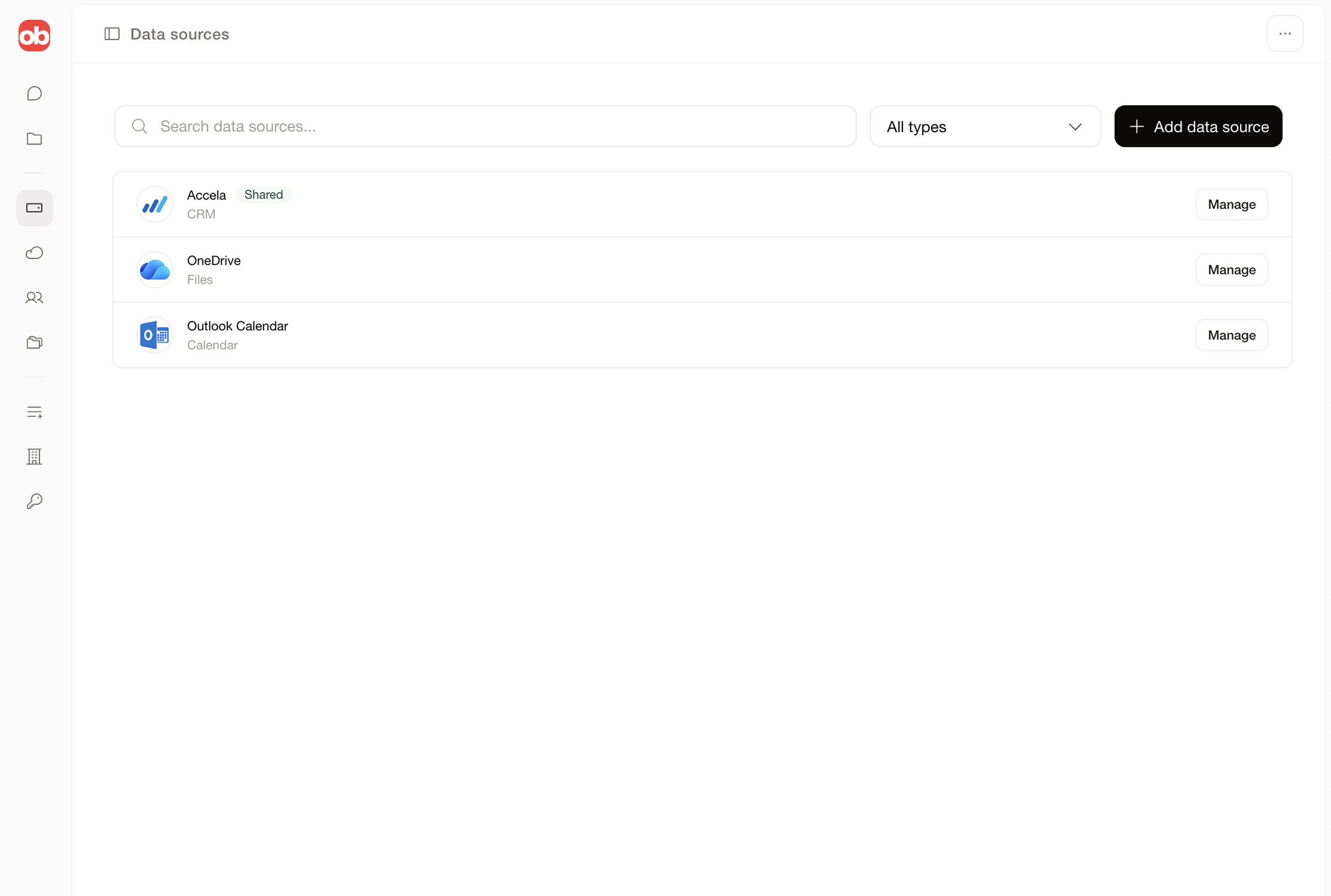 Overbase add data source modal showing supported data source categories.