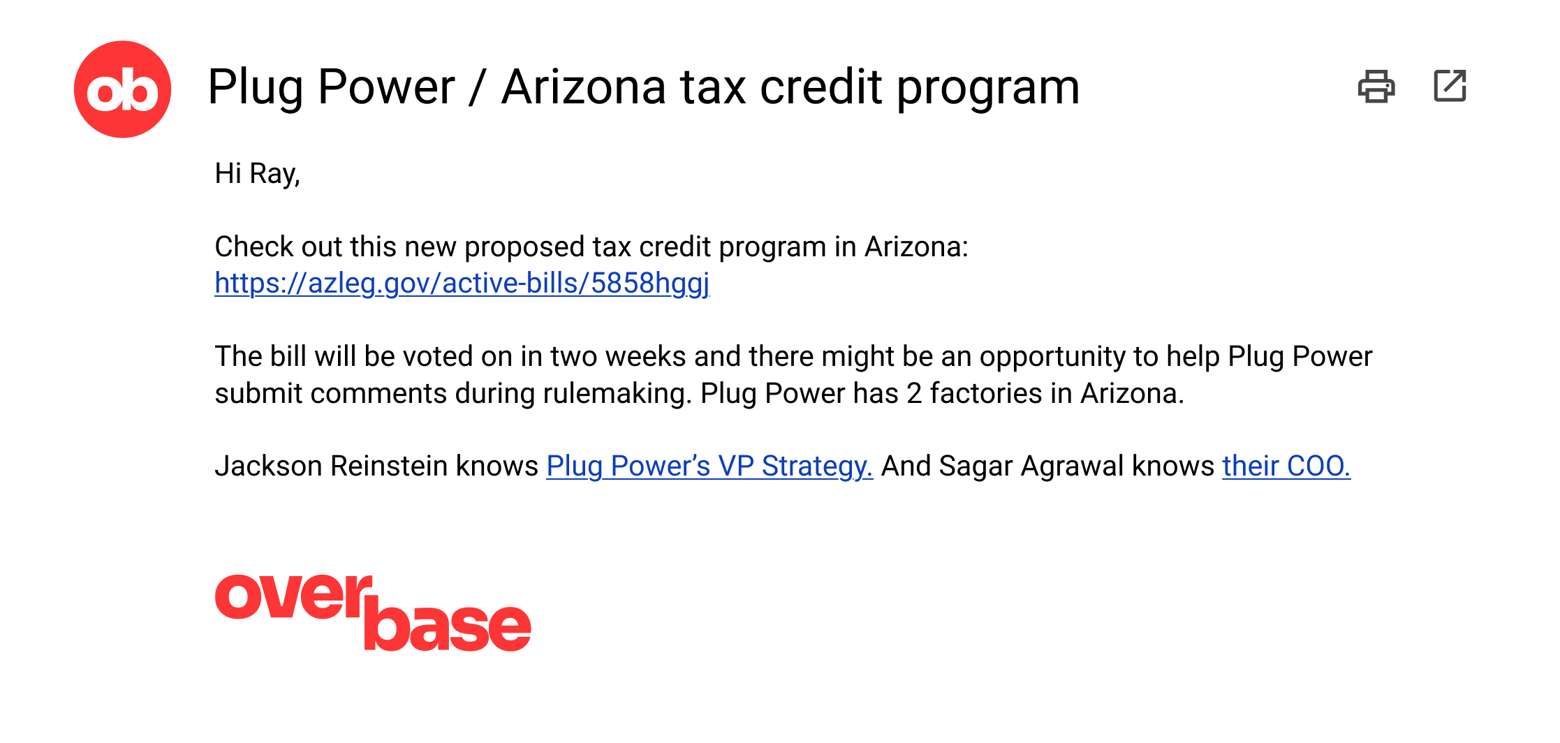 Gmail opportunity email showing an attached insurance renewal report from Overbase.