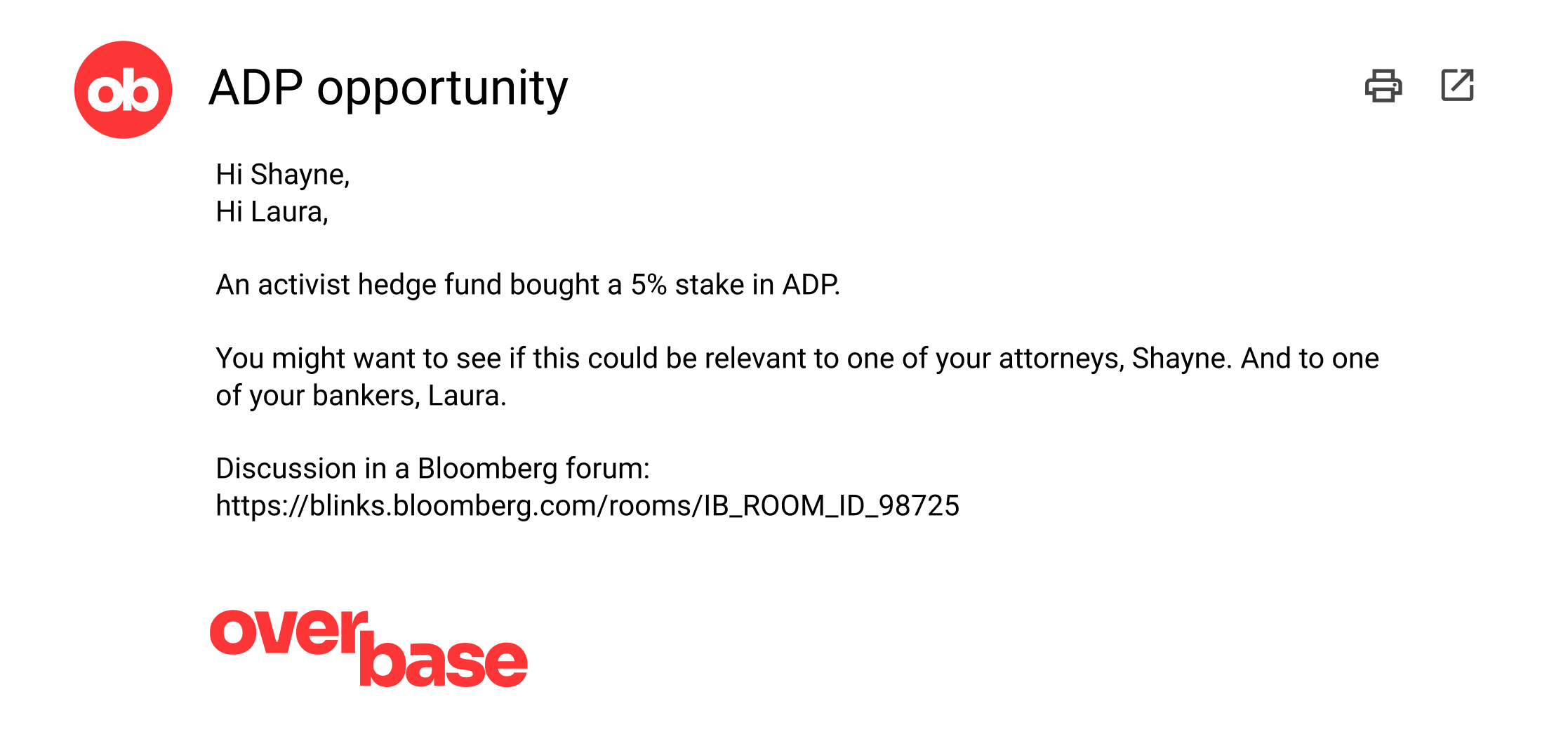 Gmail opportunity email showing an attached insurance renewal report from Overbase.