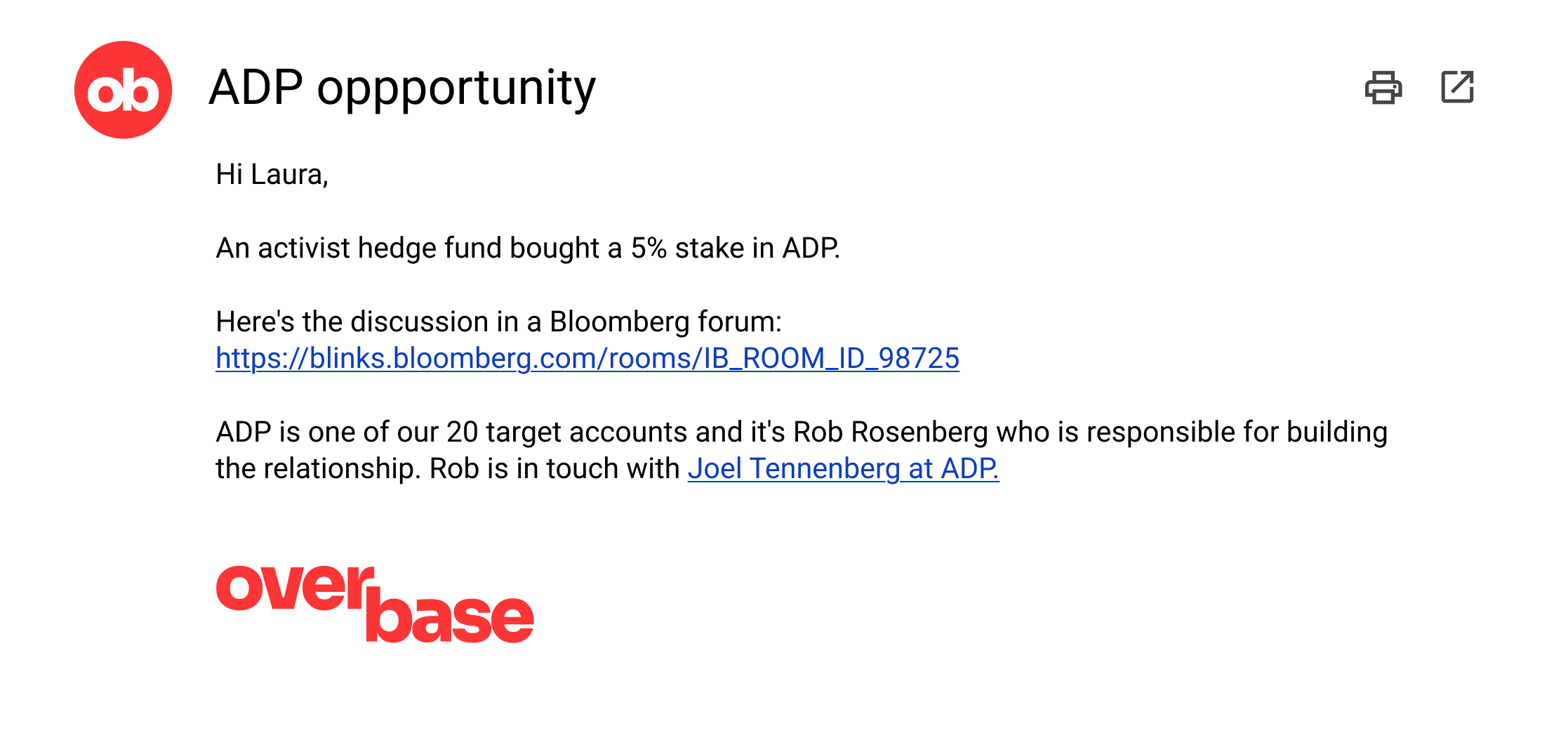 Gmail opportunity email showing an attached report from Overbase.