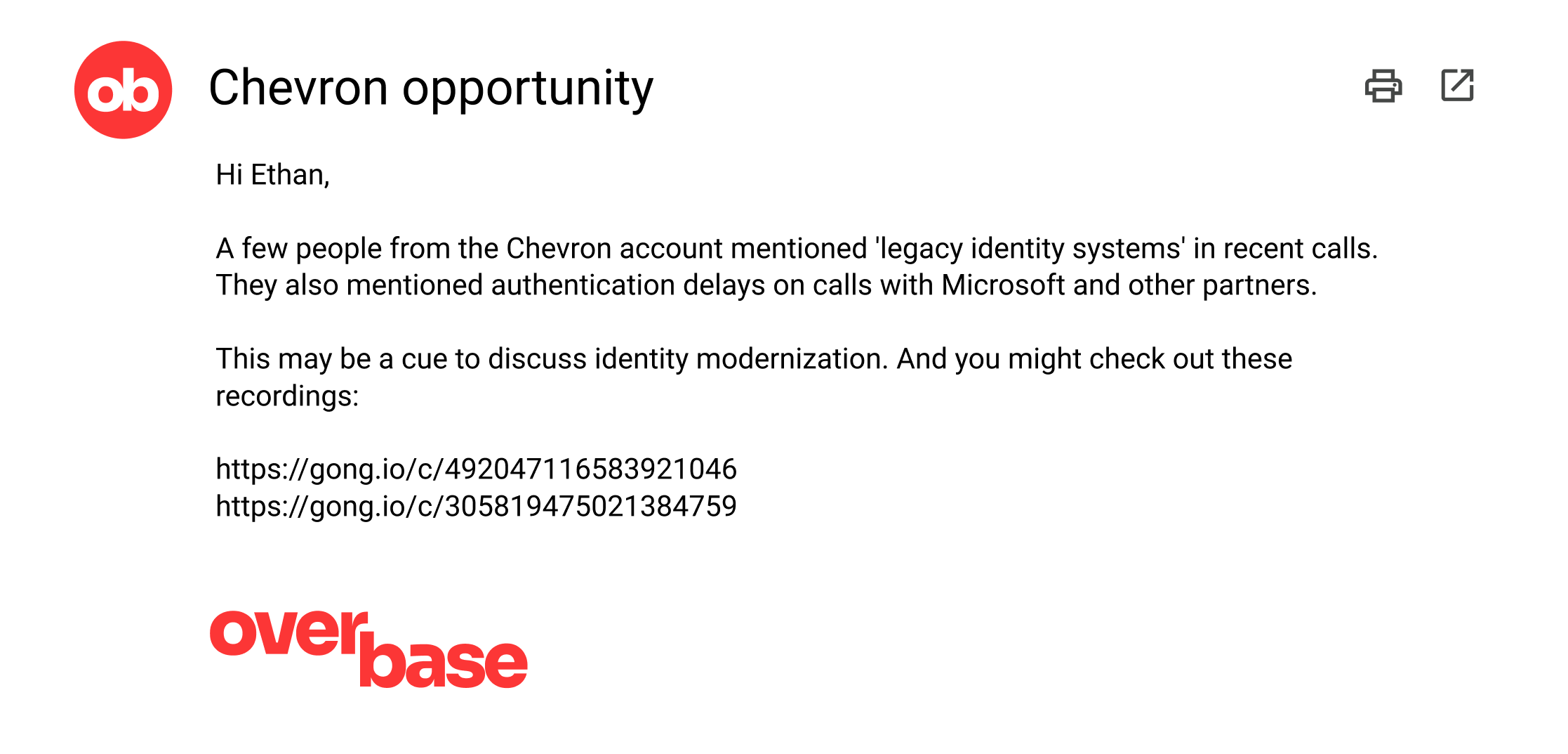 Gmail opportunity email showing an attached insurance renewal report from Overbase.